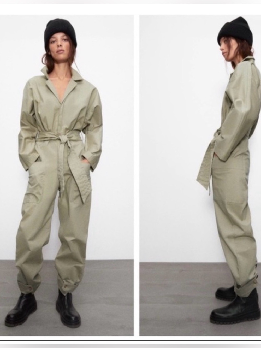 Zara Khaki Green V-Neck Utility Jumpsuit